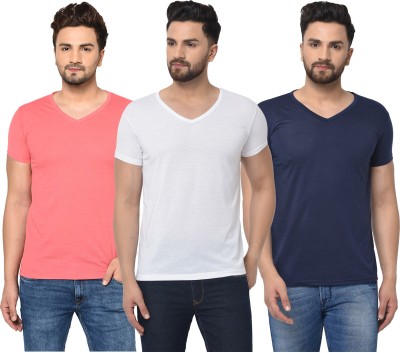 Bribzy Solid Men V Neck Dark Blue, White, Pink T-Shirt