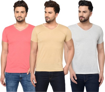 Tivy Solid Men V Neck White, Pink, Beige T-Shirt