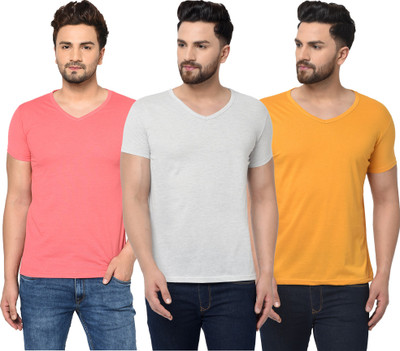 Bribzy Solid Men V Neck White, Pink, Yellow T-Shirt