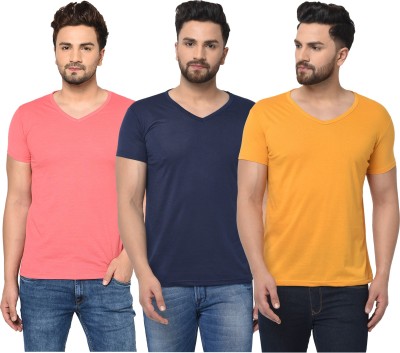 Unite Wear Solid Men V Neck Dark Blue, Pink, Yellow T-Shirt