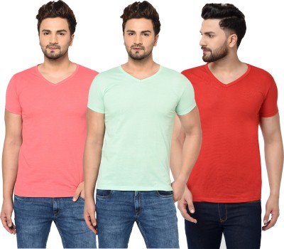 Bribzy Solid Men V Neck Red, Pink, Light Green T-Shirt