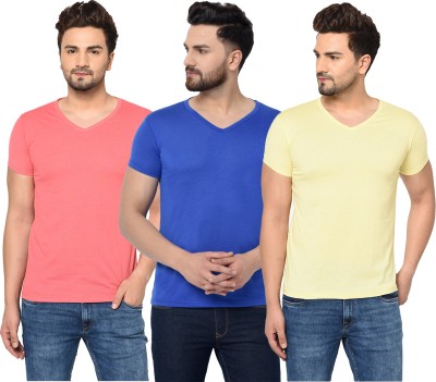 Bribzy Solid Men V Neck Blue, Pink, Yellow T-Shirt