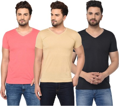 Tivy Solid Men V Neck Black, Pink, Beige T-Shirt