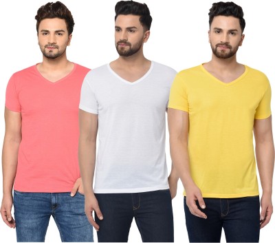 Tivy Solid Men V Neck White, Pink, Yellow T-Shirt