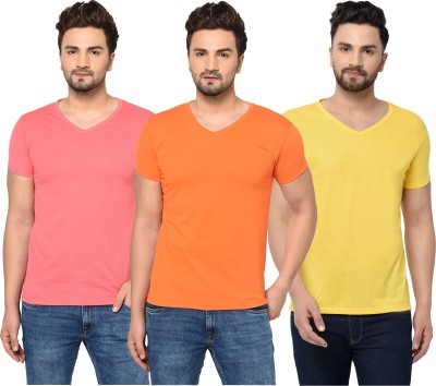 Adorbs Solid Men V Neck Pink, Orange, Yellow T-Shirt