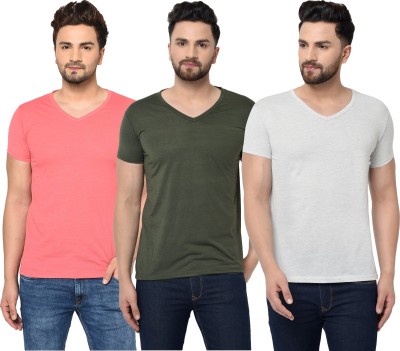 Jaskart Solid Men V Neck Dark Green, Pink, Grey T-Shirt