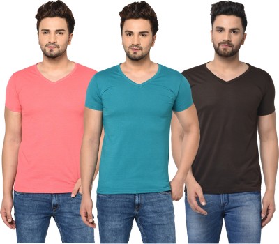 Tivy Solid Men V Neck Blue, Brown, Pink T-Shirt