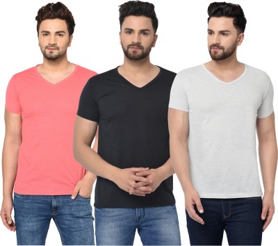 Bribzy Solid Men V Neck Pink, Black, Grey T-Shirt