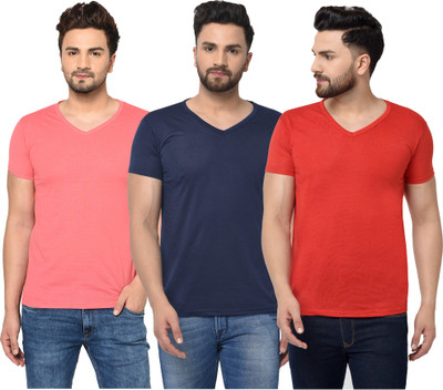 Jaskart Solid Men V Neck Dark Blue, Red, Pink T-Shirt