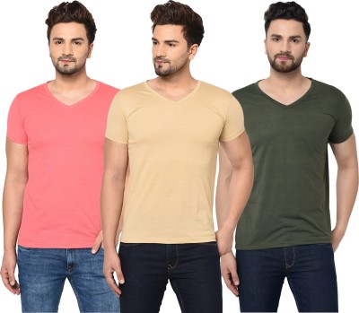 Bribzy Solid Men V Neck Dark Green, Pink, Beige T-Shirt