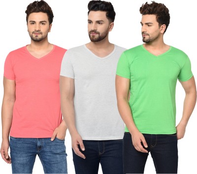 Bribzy Solid Men V Neck Green, White, Pink T-Shirt