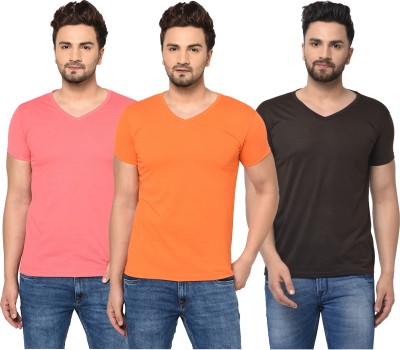 Bribzy Solid Men V Neck Brown, Pink, Orange T-Shirt