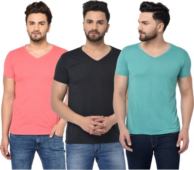 Bribzy Solid Men V Neck Light Blue, Pink, Black T-Shirt