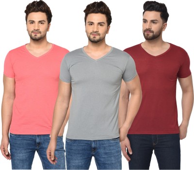 Bribzy Solid Men V Neck Maroon, Pink, Grey T-Shirt