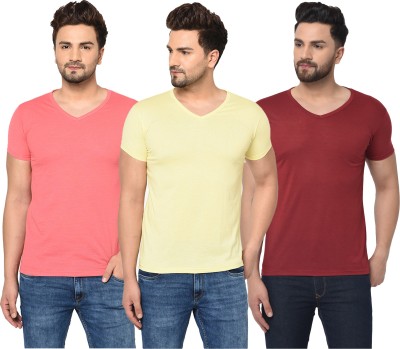 Adorbs Solid Men V Neck Maroon, Pink, Yellow T-Shirt