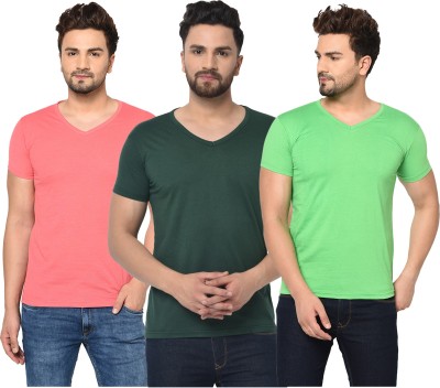 Jaskart Solid Men V Neck Dark Green, Pink, Light Green T-Shirt