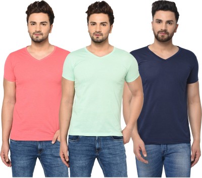 Jaskart Solid Men V Neck Dark Blue, Pink, Light Green T-Shirt