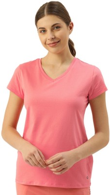 Enamor Solid Women V Neck Pink T-Shirt