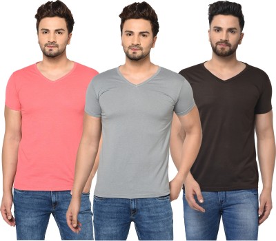 Adorbs Solid Men V Neck Brown, Pink, Grey T-Shirt