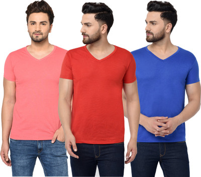 Jaskart Solid Men V Neck Dark Blue, Red, Pink T-Shirt