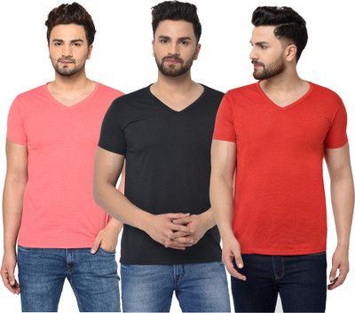 Jangoboy Solid Men V Neck Red, Pink, Black T-Shirt