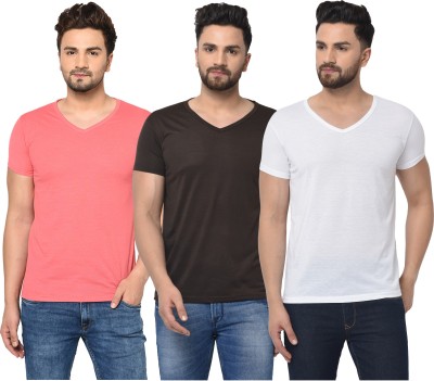 Bribzy Solid Men V Neck Brown, Pink, Grey T-Shirt