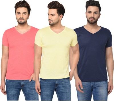 Jaskart Solid Men V Neck Dark Blue, Pink, Yellow T-Shirt