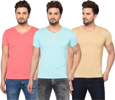Bribzy Solid Men V Neck Light Blue, Pink, Beige T-Shirt