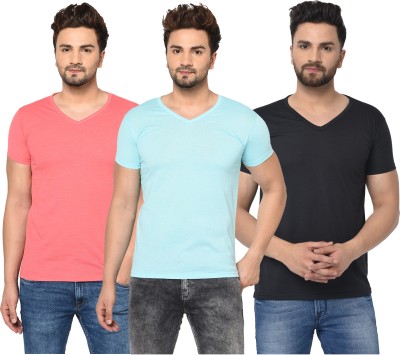 Bribzy Solid Men V Neck Light Blue, Pink, Black T-Shirt