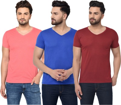 Bribzy Solid Men V Neck Maroon, Blue, Pink T-Shirt