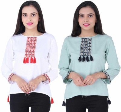 Kevat Gems Casual 3/4 Sleeve Embroidered Women Multicolor Top