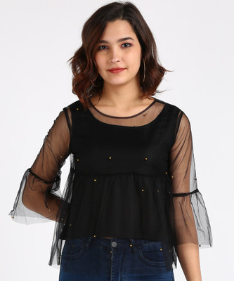 cut n sew fashion Casual Ruffled Sleeve Embellished Women Black Top