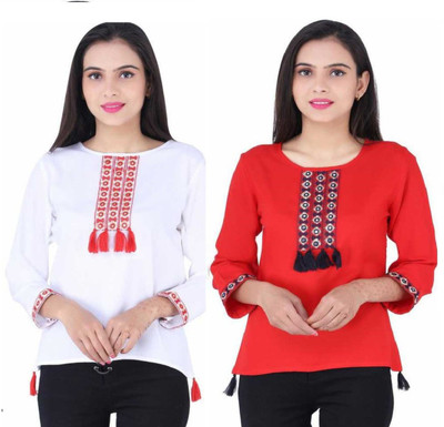 Kevat Gems Casual 3/4 Sleeve Embroidered Women Multicolor Top