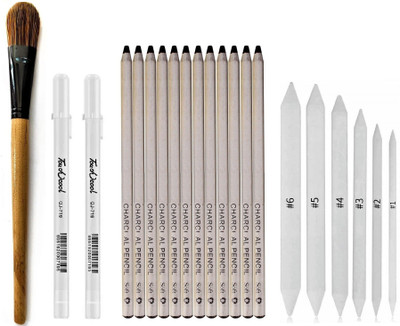 Definite Art Bianyo Black Natural Charcoal Pencils for Drawing and Sketching (Pack of 12) with Paper Art Blending Stump or Tortillon (Pack of 6), One 22Cm Blending Foundation Brush and 2 X White Pens for Highlighting and Reflection Effect; Ideal Drawing Set for Students, Professionals, Artists