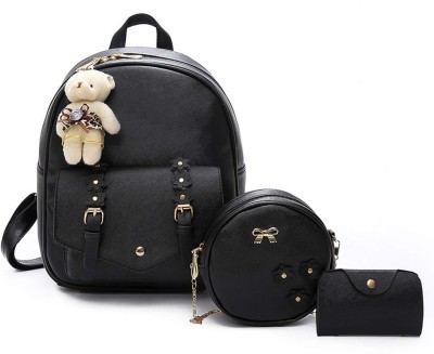 ElmaCraft 2021 New Design Girls 3-PCS Fashion Cute Mini PU Leather Backpack sling & pouch set for Women 7 L Backpack(Black)