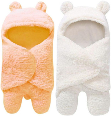 BRANDONN Solid Single Hooded Baby Blanket for  Mild Winter(Microfiber, White, Peach)