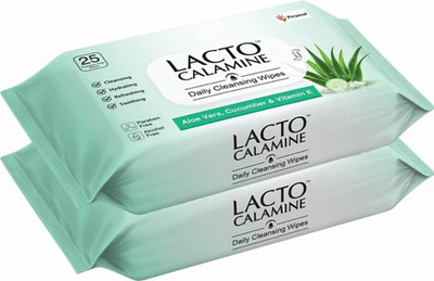 Lacto Calamine Daily Cleansing Face Wipes with Aloe Vera, Cucumber and Vitamin E ,50 wipes ,Pack of 2(50 Tissues)