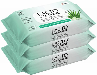 Lacto Calamine Daily Cleansing Face Wipes with Aloe Vera, Cucumber and Vitamin E (75 wipes) Pack of 3(75 Tissues)