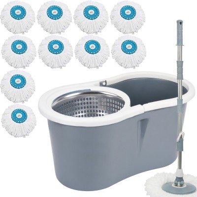 V-MOP Grey Steel Magic Dry Bucket Mop - 360 Degree Self Spin Wringing With 10 Super Absorbers for Home & Office Floor Mop Set