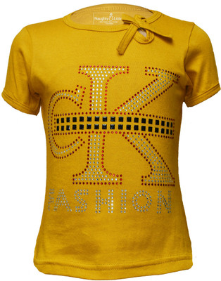 Naughty Little Girls Printed Pure Cotton Regular T Shirt(Yellow, Pack of 1)