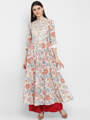 VBUYZ Women Printed Ethnic Dress Kurta(White)