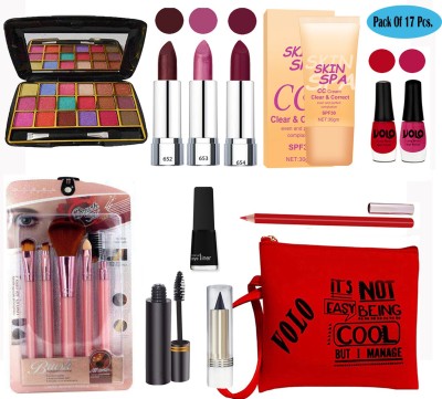 Volo Stylish Beauty makeup kit 06F2021A8 (1 Eyeshadow, 3 Lipsticks, 2 Nailpaints, 1 CC Cream,5Pcs. Brush, 1 Eyeliner , 1 Kajal,1 Mascara,1 Lipliner, 1 Pouch) Set of 17 Pcs.(Pack of 17)