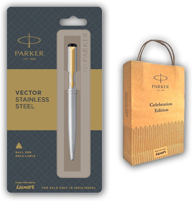 PARKER Vector Stainless Steel Gold Trim Ball Pen with Gift Bag Ball Pen(Ink Color - Blue)
