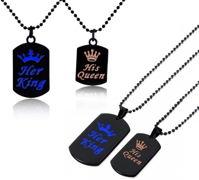 Adhvik (Set Of 2 Pcs) Valentine's Day Special Fancy & Stylish Her King And His Queen Crown Romantic Love Couple 2 In 1 Beautiful Duo Locket Pendant Necklace With Black Chain For Boy's And Girl's Metal Pendant Set