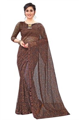 Indy Bliss Self Design Bollywood Net Saree(Brown)