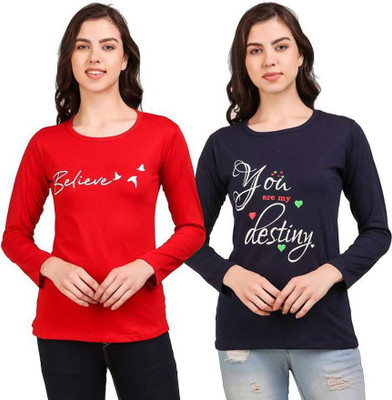 ANIXA Typography Women Round Neck Red, Blue T-Shirt