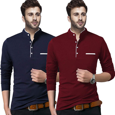Adorbs Solid Men Henley Neck Dark Blue, Maroon T-Shirt