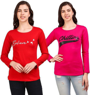 Trendy World Typography Women Round Neck Red, Pink T-Shirt