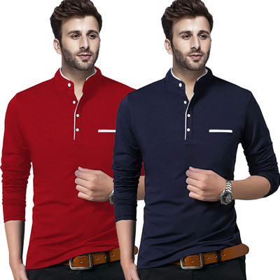 Jaskart Solid Men Henley Neck Dark Blue, Red T-Shirt
