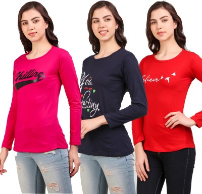 Fit N Fame Typography Women Round Neck Red, Blue, Pink T-Shirt